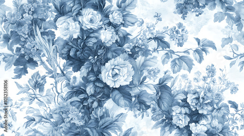 Elegant floral pattern in blue tones with intricate details and textures