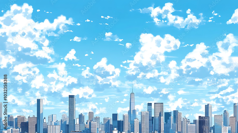 Fototapeta premium vibrant blue hued cityscape under bright sky filled with fluffy clouds