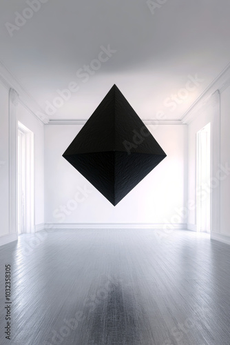 Black diamond shape floating in isolated room.