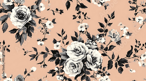 Charming floral pattern featuring black and white roses on peach background