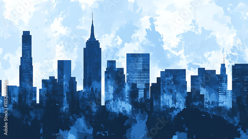 whimsical illustration of blue hued cityscape with tall buildings photo