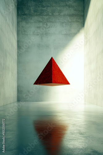 Floating red pyramid isolated in an empty room.