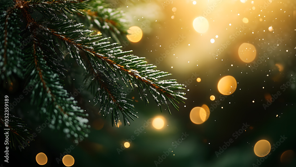 Close-up of pine tree branches with snow and bokeh lights in the background
Close-up of pine tree branches with snow and bokeh lights in the background