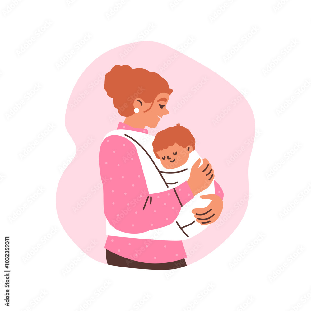 Vector illustration of a mother putting a baby to sleep in a fabric sling Vector illustration of a mother putting a baby to sleep in a fabric sling