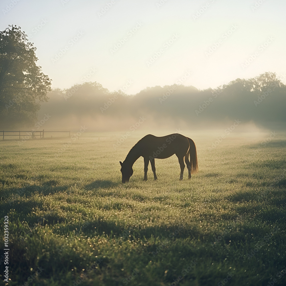Horse in Tranquil Misty Field Horse in Tranquil Misty Field