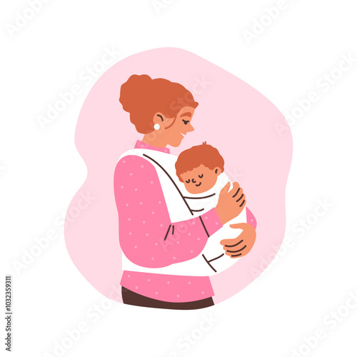 Vector illustration of a mother putting a baby to sleep in a fabric sling