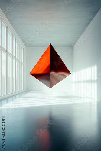 Floating red diamond shaped object isolated in a white room.
