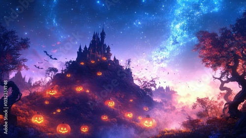 A fairy tale Halloween landscape with a dark and spooky castle perched on a hill, surrounded by glowing pumpkins, twisted trees, and softly glowing mist, with a bright