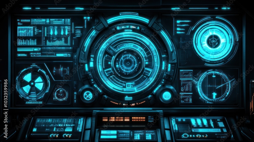 Futuristic Control Panel with Glowing Blue Interfaces Futuristic Control Panel with Glowing Blue Interfaces