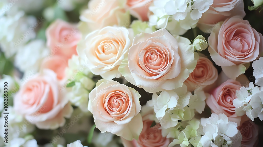 Pink and white roses in full bloom, creating a soft, romantic floral arrangement Pink and white roses in full bloom, creating a soft, romantic floral arrangement