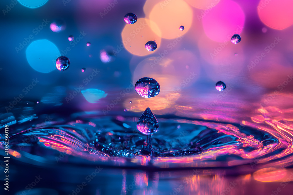 Macro shot of water droplets in vibrant neon colors with bokeh effect, capturing mesmerizing motion, texture, and reflection in a stunning abstract image for creative backgrounds Macro shot of water droplets in vibrant neon colors with bokeh effect, capturing mesmerizing motion, texture, and reflection in a stunning abstract image for creative backgrounds