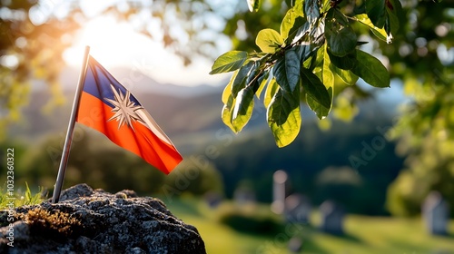 Solemn national flag flies at half mast in a peaceful military cemetery paying tribute to the heroic soldiers who made the ultimate sacrifice for their country  The scene evokes a sense of reverence photo