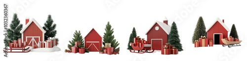 A festive scene featuring four charming red houses, decorated for winter, surrounded by evergreen trees and snow, evoking holiday cheer and nostalgia.