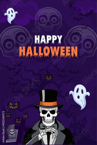 Halloween Trick or Treat with flying bats, an ominous witch's castle and ghostly figures around a graveyard, perfect for a Halloween party or invitation design.