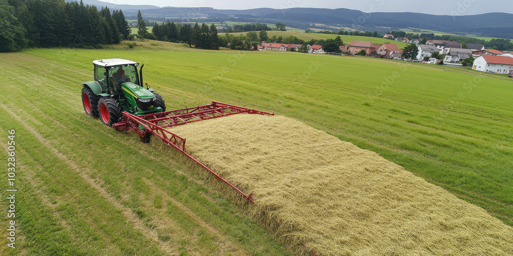 Fototapeta premium A tractor pulls compacted hay runoff across a rural field. Hay collection and processing, farming season, village
