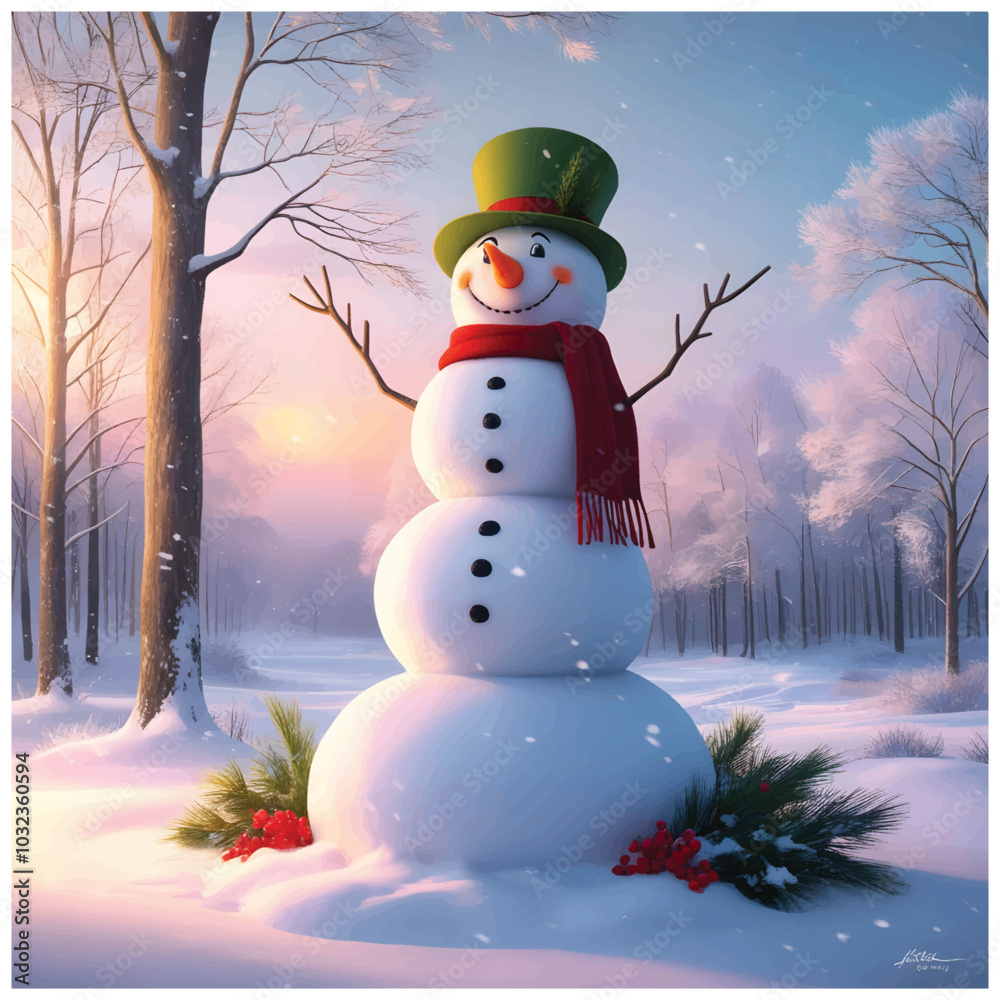 Obraz premium Cheerful Snowman in Winter Forest at Sunset, Photo snowman background winter landscape