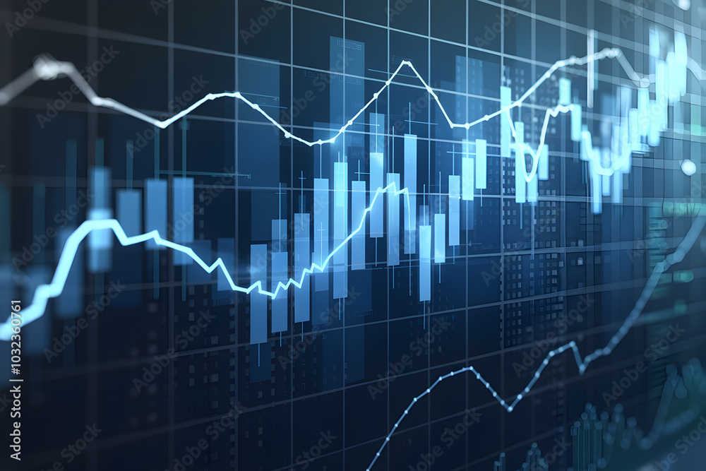 Stock market graph with fluctuating blue lines, set against futuristic geometric shapes Stock market graph with fluctuating blue lines, set against futuristic geometric shapes
