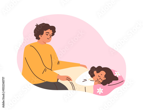 vector graphic shows a mother carefully puts the child to bed demonstrating family love