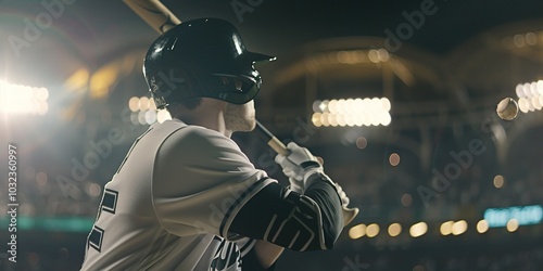 Close-up of a professional baseball player in uniform tightly gripping a bat with intense concentration. game,playoffs, hitting, swinging, concentration, tension, excitement, stadium, spectators photo