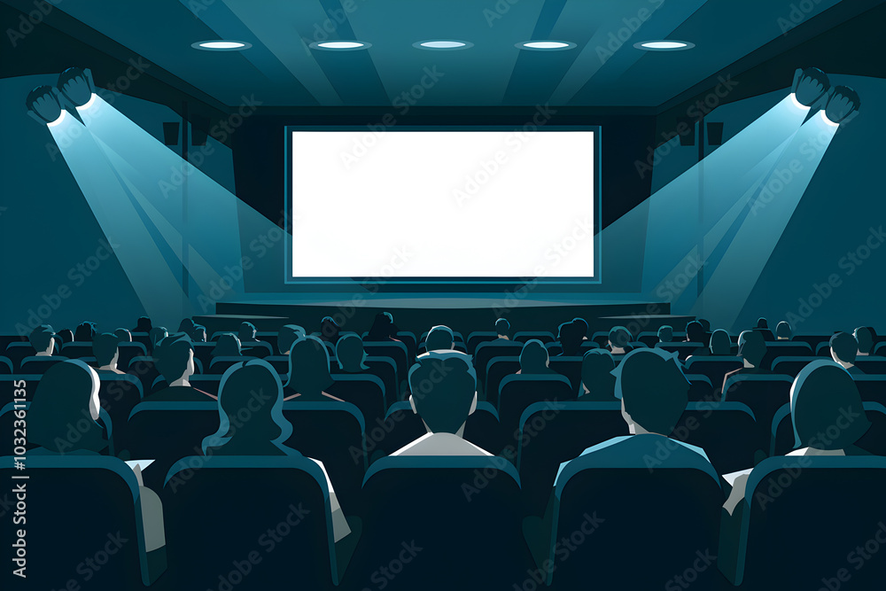 Filled auditorium awaits event, illuminated screen suggests anticipation of performance Filled auditorium awaits event, illuminated screen suggests anticipation of performance