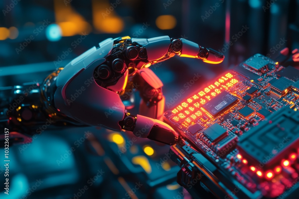 A futuristic robotic hand interacts with a glowing circuit board. This represents advanced technology and innovation. Explore the blend of AI and hardware. Generative AI A futuristic robotic hand interacts with a glowing circuit board. This represents advanced technology and innovation. Explore the blend of AI and hardware. Generative AI