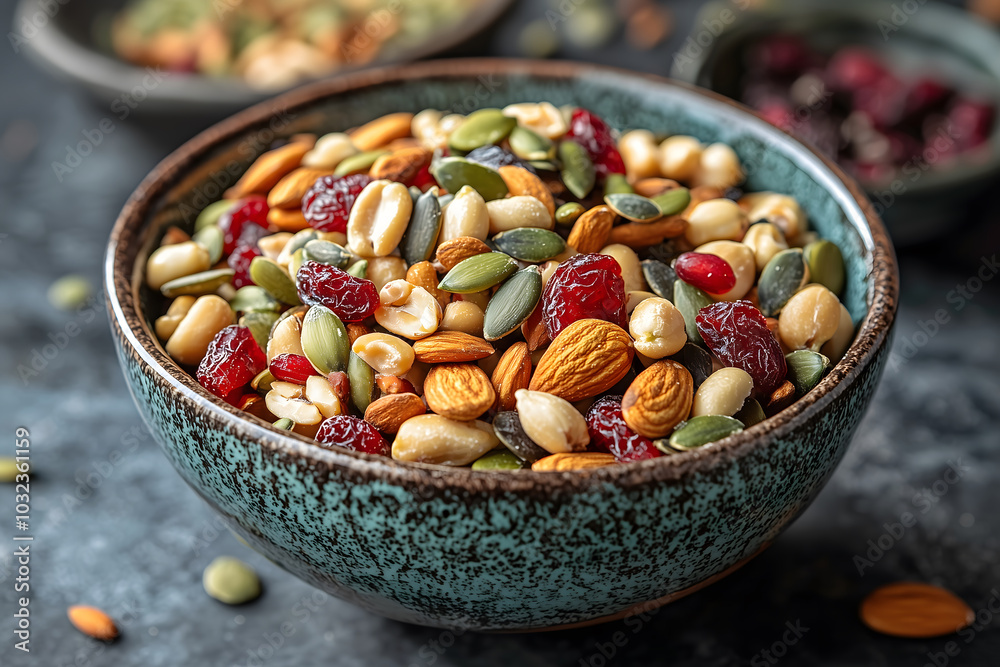 Healthy mix of nuts, seeds, and dried berries in bowl Healthy mix of nuts, seeds, and dried berries in bowl