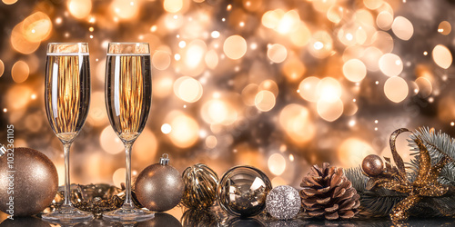 Elegant Champagne Toast with Sparkling Holiday Ornaments photo