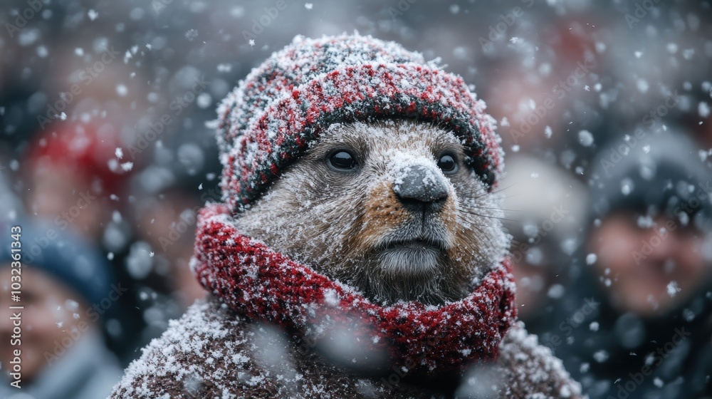 Obraz premium A groundhog bundled up in a knitted hat and scarf, covered in snowflakes, stands amid a festive crowd during a winter snowfall.