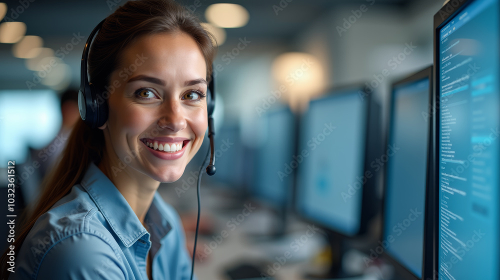 Smiling young woman with headset working in a customer service center in a modern telemarket office. Female Customer service operator with headset in tech office call center. Smiling young woman with headset working in a customer service center in a modern telemarket office. Female Customer service operator with headset in tech office call center.