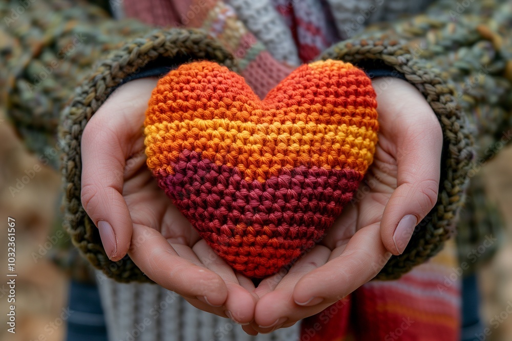 Woman holds a crocheted or knitted heart in her hands. Woman holds a crocheted or knitted heart in her hands.