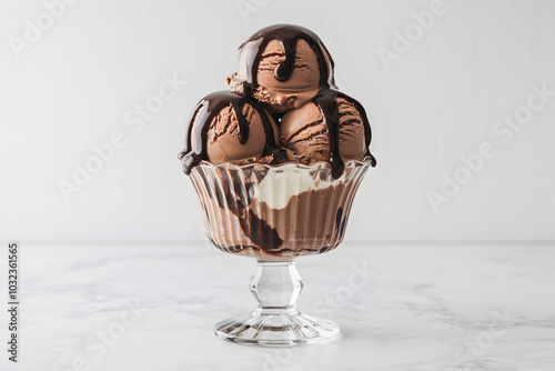 Fluted glass bowl with chocolate ice cream drizzled in glossy sauce on white