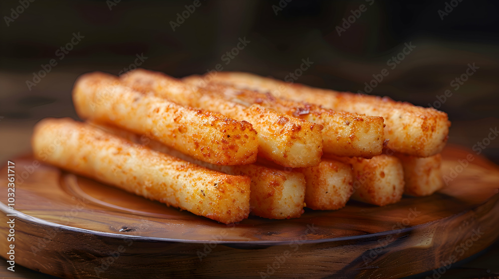 Mozzarella sticks arranged on a wooden board Mozzarella sticks arranged on a wooden board