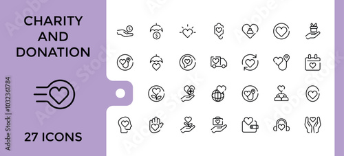 Set of line icons related to charity and donation, social responsibility, friendship, love, Editable thin stroke. Pixel perfect. Vector illustration.