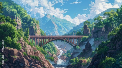 A bridge spans a lush, green valley with a flowing river and cascading waterfalls. The scene is framed by vibrant foliage and distant, misty mountains under a bright, partly cloudy sky