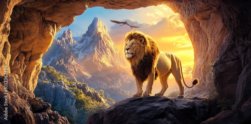 Majestic lion standing on a rocky cliff with a mountain peak in the background, viewed from a cave opening.