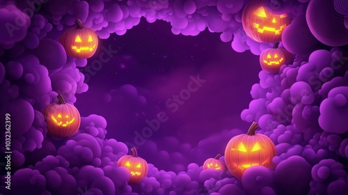 A Halloween fantasy design with 3D glowing pumpkins surrounded by swirling purple clouds in a paper graphic style. The background is a deep purple hue, and the pumpkins cast soft light on the clouds. 