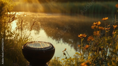 Serene sunset reflection on tranquil lake with blooming wildflowers and handpan instrument - water wellness concept photo