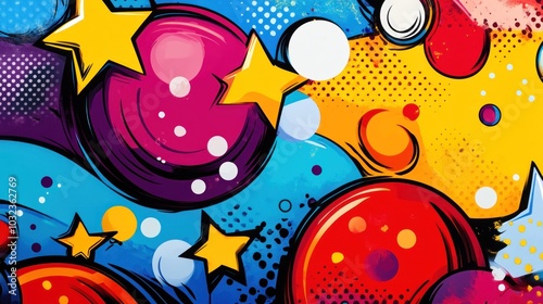 A vibrant abstract design featuring colorful circles, stars, and dynamic patterns.