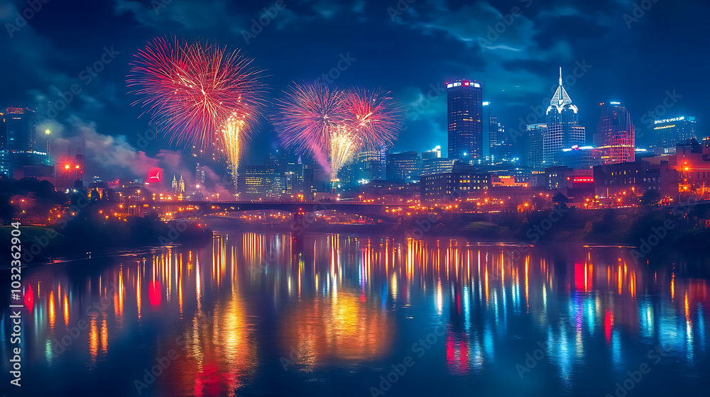 A vibrant fireworks display lighting up the night sky over a bustling city skyline, with reflections in a nearby river A vibrant fireworks display lighting up the night sky over a bustling city skyline, with reflections in a nearby river