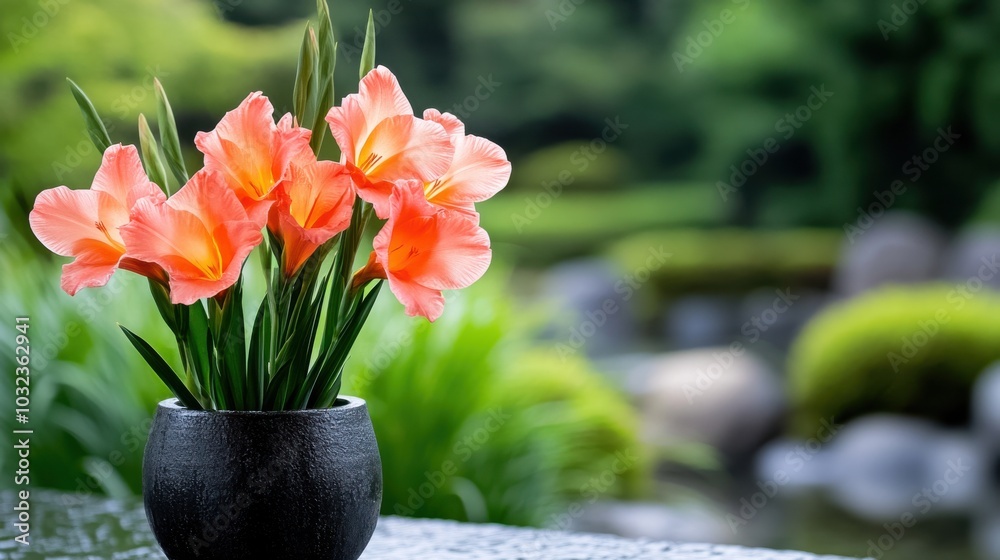 Beautiful Japanese Floral Arrangement in Garden Setting Beautiful Japanese Floral Arrangement in Garden Setting