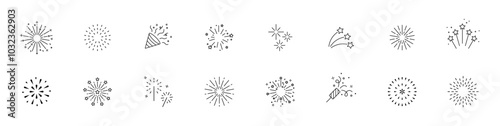 Firework icon set. Firecracker, sparkle, salute icons. Carnival explosive celebration symbols. Vector icons