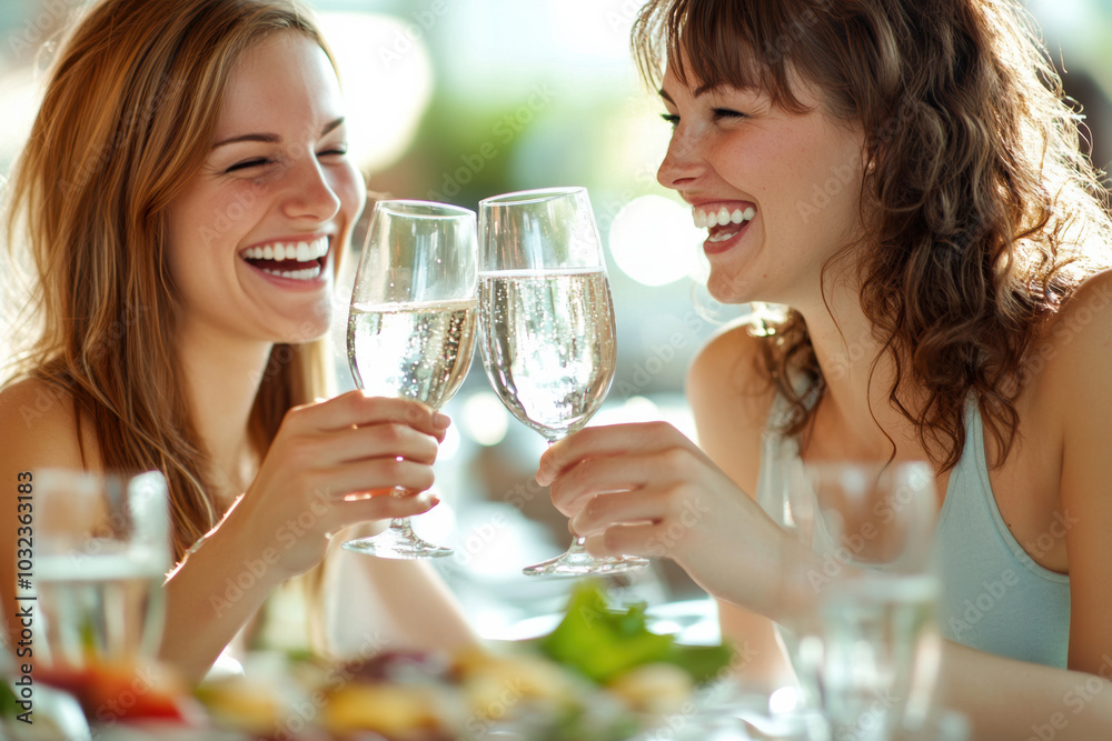 Two Friends Toasting with Champagne and Laughing Together, Two joyful friends clink glasses of champagne, celebrating and sharing laughter in a lively and cheerful atmosphere. Two Friends Toasting with Champagne and Laughing Together, Two joyful friends clink glasses of champagne, celebrating and sharing laughter in a lively and cheerful atmosphere.