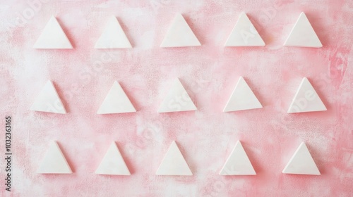 Identical White Triangles on Soft Pastel Background, a harmonious arrangement of geometric shapes creating a soothing visual experience photo