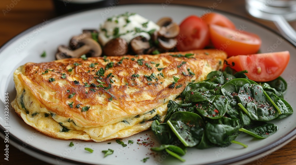 Fresh homemade omelette with mushrooms, feta cheese and herbs. A healthy protein breakfast with mushrooms and spinach Fresh homemade omelette with mushrooms, feta cheese and herbs. A healthy protein breakfast with mushrooms and spinach