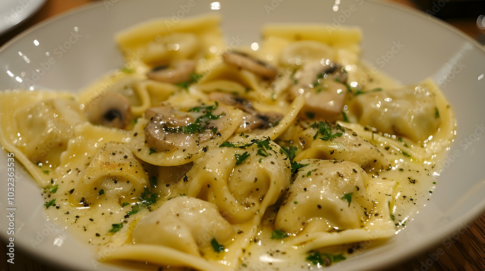 Mushroom ravioli with a drizzle of truffle oil Mushroom ravioli with a drizzle of truffle oil