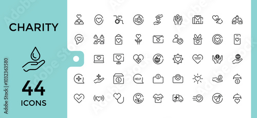 Set of line icons related to charity, donation, social responsibility, friendship, love, Editable thin stroke. Pixel perfect. Vector illustration.
