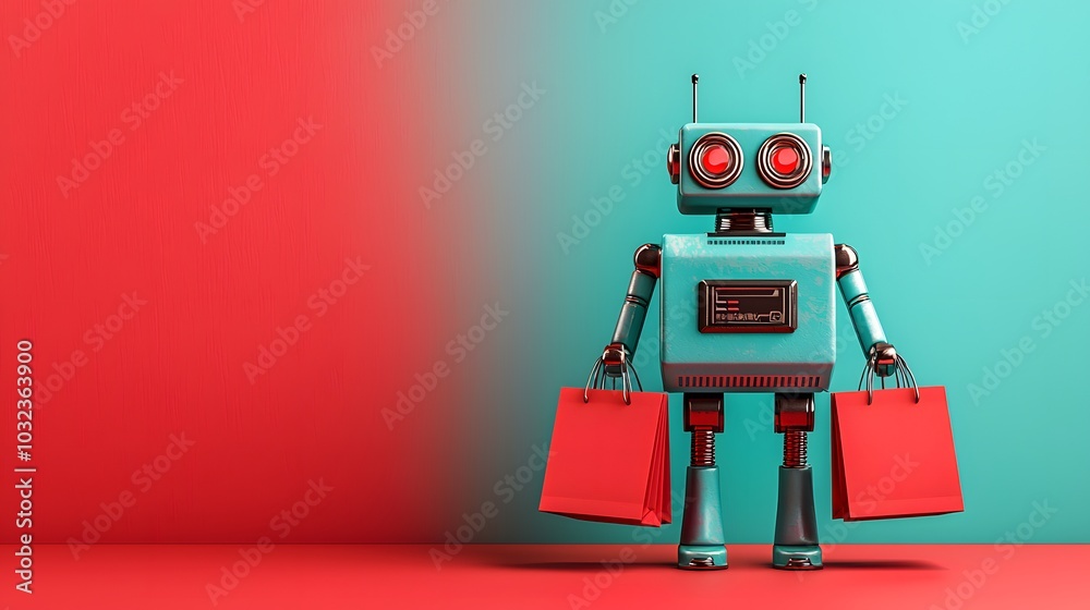 A charming robot loaded with shopping bags brings a whimsical touch to modern shopping experiences. Shopping Sprees Concept