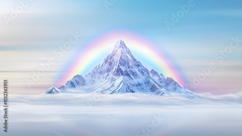 A Breathtaking Hyperrealistic Illustration Featuring a Complete Rainbow Embracing a Majestic Mountain in a Cinematic Landscape photo