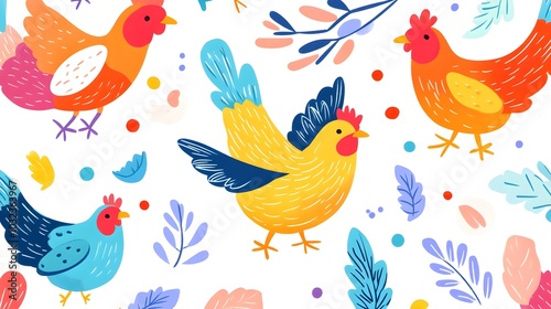 Colorful Chickens and Leaves Pattern