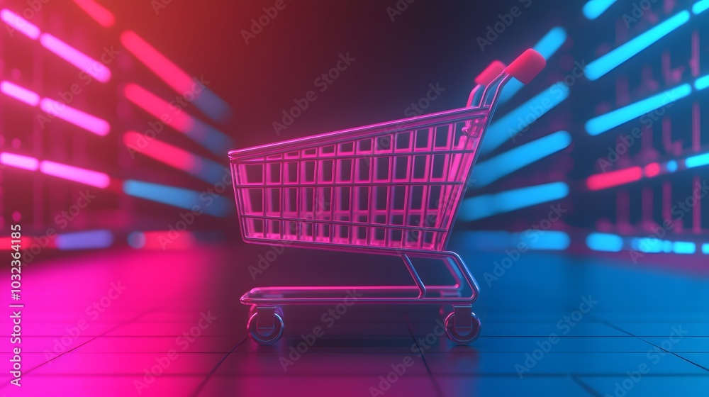A vibrant neon shopping cart stands ready in a futuristic digital shopping environment, glowing bright. Shopping Sprees Concept A vibrant neon shopping cart stands ready in a futuristic digital shopping environment, glowing bright. Shopping Sprees Concept